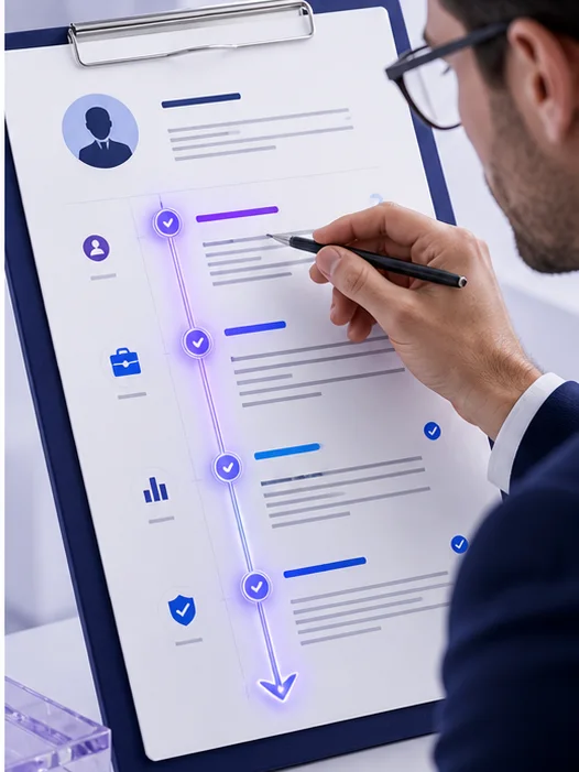 Recruiter scanning the top section of a professional CV